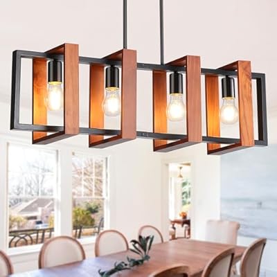 HUMHOLD 4-Light Kitchen Island Lights Pendant Light Farmhouse Dining Room Light Fixture, Rustic Wood and Black Metal Rectangular Chandelier, 32" Hanging Lighting for Living Room, Bar
