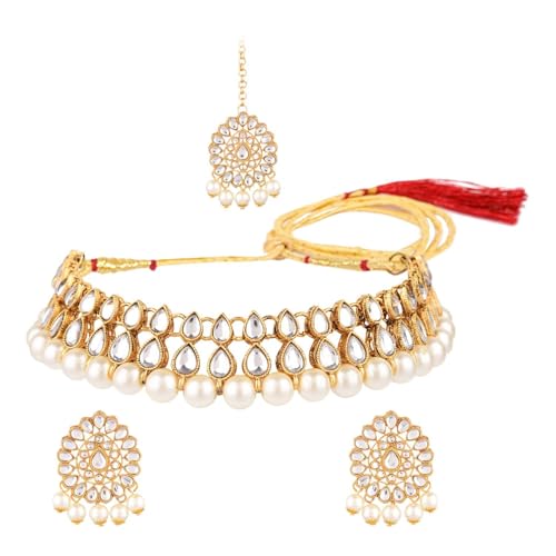 Efulgenz Kundan Necklace Indian Jewelry Kundan Crystal Faux Pearl Necklace Set Bollywood Wedding Choker Necklace Earrings Maang Tikka Bridal Set for Women 5