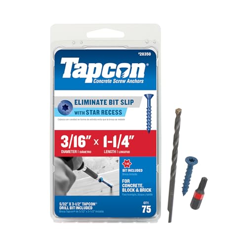Tapcon 3/16 x 1-1/4 Inch Blue Climaseal® Star Head Concrete Anchors, 75 PCS, Corrosion Resistant Coating, Heavy-Duty Concrete and Masonry Screws, Superior Holding Strength, Drill & T-25 Bit Included