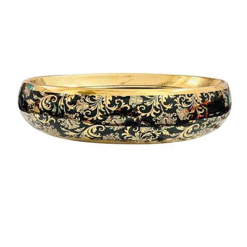 Image of Wallace Designer Oval Table Top Wash Basin Black & Gold 60x40x15 cm | Premium Ceramic Countertop Vessel Sink with Royal Floral Pattern | Luxury Over Counter Bathroom Basin