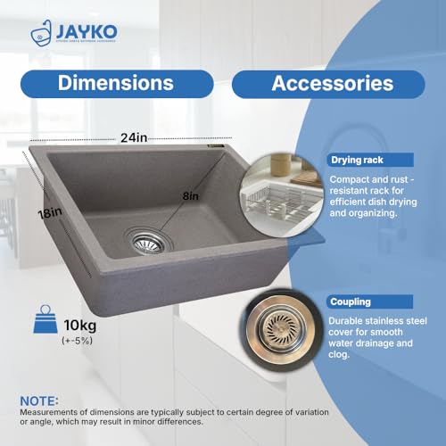 Image of JAYKO Quartz Acrylic Kitchen Sink for Modular Kitchen | Granite Finish, Scratch & Heat Resistant | Easy to Clean & Stylish Sink for Home (UBR, 24x18in)