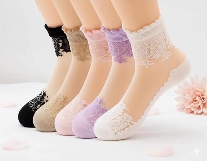 Women's Ankle Length Cotton Silk Socks Ultra-Thin Transparent Lace Elastic Short Socks (Multicolor) 4 Pairs-image-37