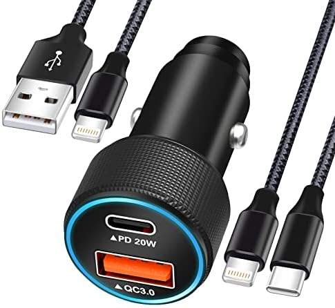 iPhone Fast Car Charger[Apple MFi Certified]Apple Car Charging,38W Dual Pore USB C Car Charger Adapter with 2 Pack Lightning Cable,PD&QC 3.0 Type C Car Charger for iPhone 13/12/11/Pro Max/AirPods/iPad