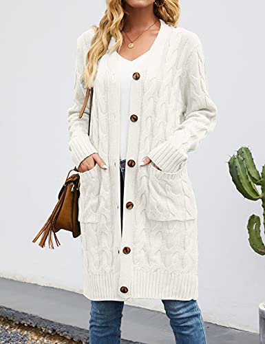 Merokeety Womens Long Sleeve Cable Knit Long Cardigan Open Front Button Sweater Outerwear Beige #TOP7
