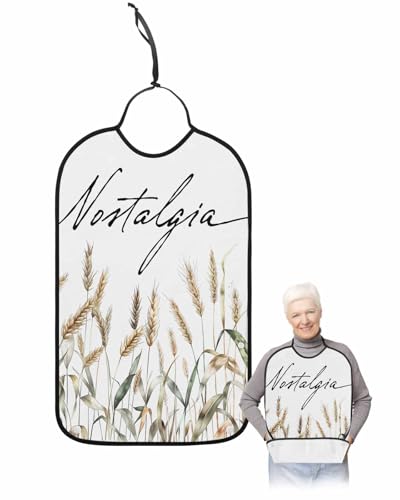 LEOKOTI Pastoral Botanical Adult Bibs for Eating, Waterproof Bibs with Food Catcher & Adjustable Snap Closure, Vintage Fall Wheat Autumn Botanical Washable Clothing Protectors Adult Bibs for Elderly