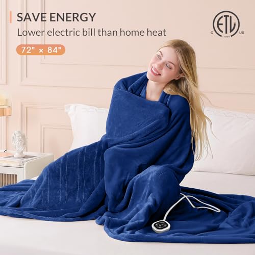 Image of HOMLYNS LuxeHeat Heated Blanket Electric Blanket Full Size, Soft Flannel Sherpa Heating Blanket with 10 Heat Settings, 1-10 hrs Timer Auto Shut Off (72x84 inches, Navy), Only for 120V Voltage Use