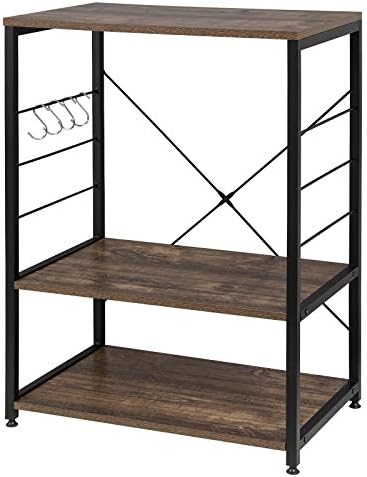 eSituro Heavy Duty 3-Tier Storage Shelves for Kitchen Living Room Microwave Industrial Bookcase Shelving Unit Stand with Black Metal Frame Walnut Wooden Shelves 4 Hooks 60x40x82CM SSTR0058