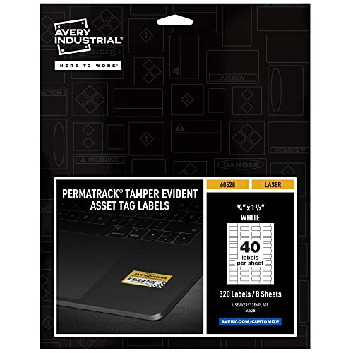 Image of Avery White Asset Tag Labels, 3 /4 inch x 1-1 /2 inch, Tamper-Evident Laser Printable Tags, 320 Waterproof Labels (60528)
