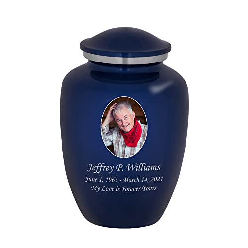 Homage Medium Engraved Custom Photo Cremation Urn for Human Ashes - Vase Style Cremation Urns for Adult Ashes - 80 Cubic Inch Capacity - Personalization Included (Sapphire Blue)