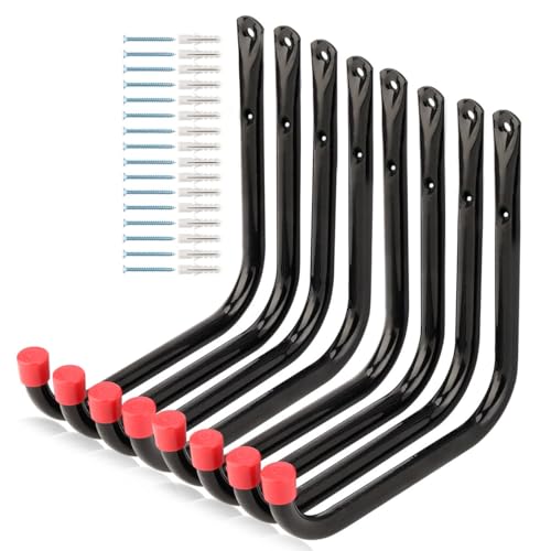 Moundnaik Robuste Garagen-Aufbewahrungshaken, 17 cm, Leiterhaken für Gartenwerkzeug, Fahrrad, Stuhl, Schlauch, Außen- oder Innenbereich, 8 Stück (Schwarz + Rot, 17 cm x 17 cm)