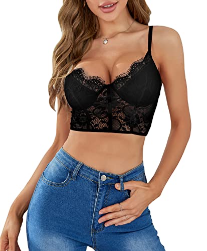 Lilosy Sexy Wirefree Lingerie Floral Lace Crop Cami Tank Top Women Sheer Longline Bralette Night Out Party Bra Black Small #TOP4