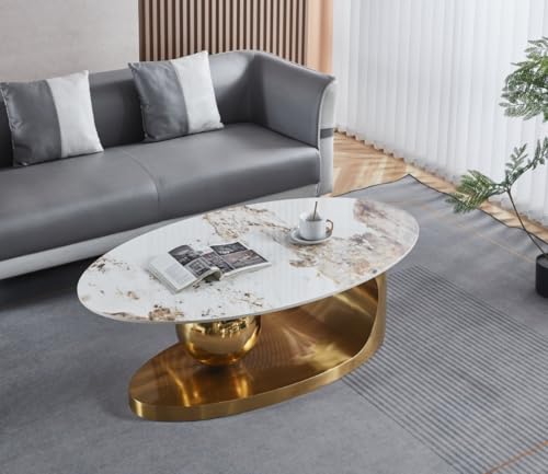 Modern Oval Coffee Table with Sintere Stone Marble Effect Top, Metal Base, Living Room Furniture (Gold)