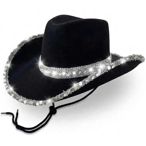Black Cowboy Hat Women Sparkly - Ladies Sequin Black Cowgirl Hat Accessory - Cowgirl Accessories for Women Country and Western Fancy Dress - Adult Cow Girl Accessories for Wild West Fancy Dress