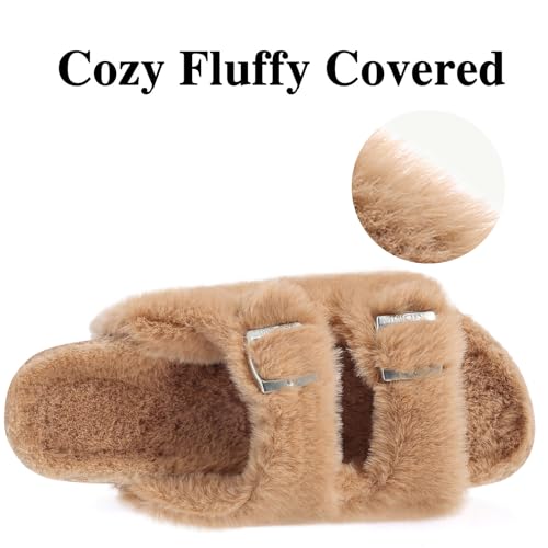 Kidmi Fuzzy Slippers Women With Cork Footbed Fluffy Slides Open Toe Indoor House Shoes | Arch Support | Adjustable Buckles thumb #4