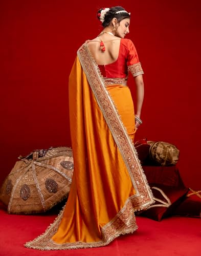 Image of SIRIL Women's Vichitra Silk Sequins Embroidery Lace Saree With Unstitched Blouse Piece