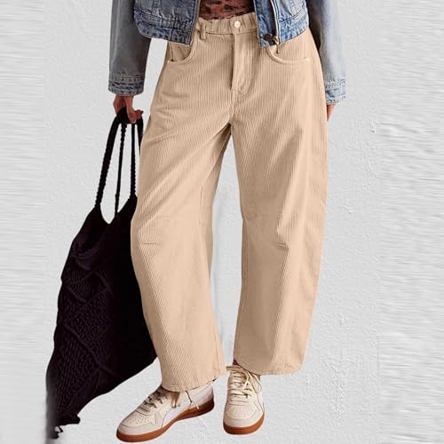 Womens Corduroy Pants Low Rise Button Wide Leg Cropped Pants Baggy Elastic Work Casual Y2K Barrel Pants with Pockets3