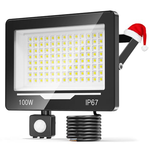 TOPAUBUB 100W 10000LM Projecteur LED Extérieur avec Détecteur 1 Pièce, Blanc Froid 6500K Spot LED Extérieur Detecteur de Mouvement, Étanche IP67 Lampe...