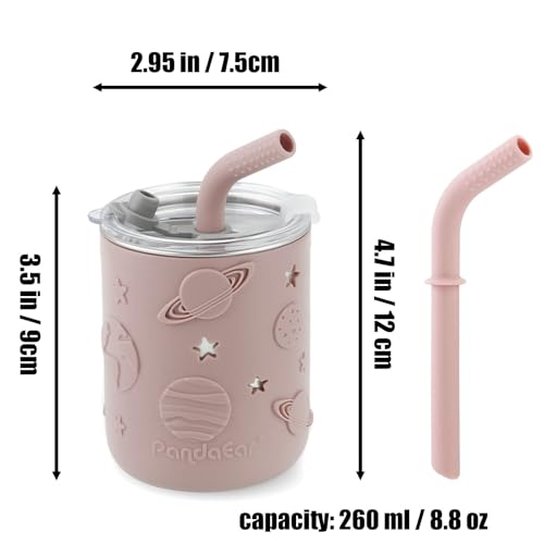 Image of PandaEar 6-in-1 Stainless Steel Baby Feeding Set | Divided Plate with Suction Cup, Bowl, Cup with Straw, Bib, Spoon and Fork | BPA-Free Self-Weaning Accessories (Pink)