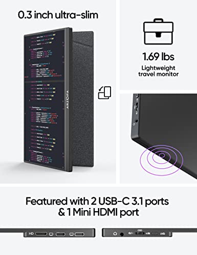 Arzopa Portable Monitor, 15.6" Fhd 1080P Portable Laptop Monitor 100% Srgb High Color Gamut Display Ips Eye Care Screen For High-End Office & Entertainment -A1C #TOP4