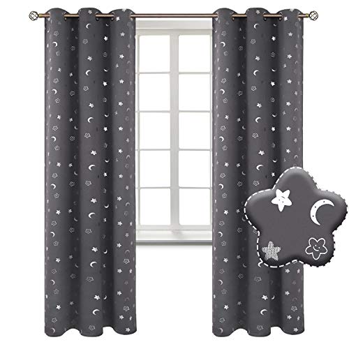 BGment Moon and Stars Blackout Curtains for Kids Bedroom, Grommet Thermal Insulated Room Darkening Printed Curtains for Nursery, 2 Panels of 42 x 84 Inch, Dark Grey