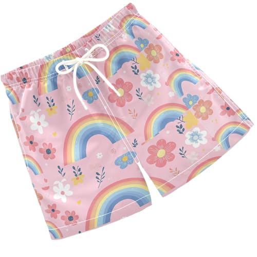 Pigsaly Boys Swim Trunks Cute Pastel Pink Rainbows Flowers Boys Board Shorts Swimsuit Swimwear Summer Bathing Suit 5T
