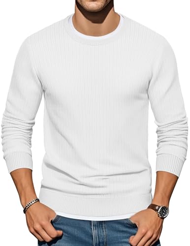 COOFANDY Men Striped Pullover Sweater with Ribbing Edge Long Sleeve Crewneck Cable Knit Sweater, White, X-Large