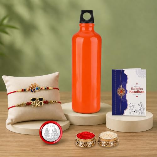 Image of Oblivion Rakhi Set of 2 for Brothers with Reusable Orange 750ml Water Bottle, Om Peacock Feather and BRO Sunglasses Rakhi, Roli Chawal, Shagun Coin and Greeting Card