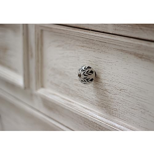 Kit 6 Puxadores Redondo Artesanal em Cerâmica Metal Estampa Floral Folhado para Gavetas Armários Móv