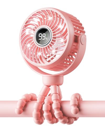 Image of Bearwind Mini Portable Stroller Fan for Travel,360° Rotation,4-Speed LED Night Light Clip on Fans Operated by Rechargeable Battery, Cordless Fan with Tripod Car Seat Baby Pram (Pink)