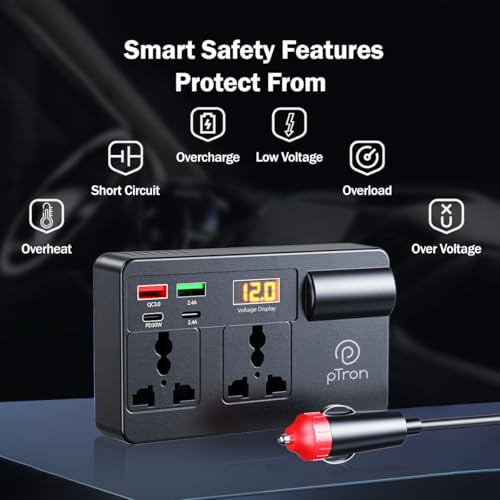 Image of pTron PowerEdge 200W Car Laptop Charger /Car Power Inverter with 2 USB (3A & 2.4A) + 2 Type-C (30WPD & 2.4A), Smart USB Charging Ports, 12V /24V DC to 220V AC, 2X Universal AC Outlet (Black)