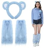 Luinabio 2 Pcs Halloween Bear Costume Accessories Set Bear Ear Headband Faux Fur Leg Warmer for Women Costume Cosplay Party(Sky Blue)