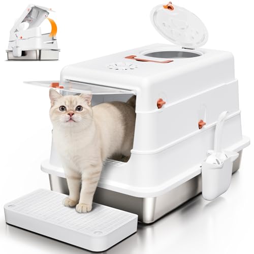 Image of Stainless Steel Cat Litter Box with Lid, Enclosed Extra Large Metal Litter Pan for Big Cats, Full Flip Cover High Sided LitterBox Include Scoop, Easy Cleaning, Non-Stick, White