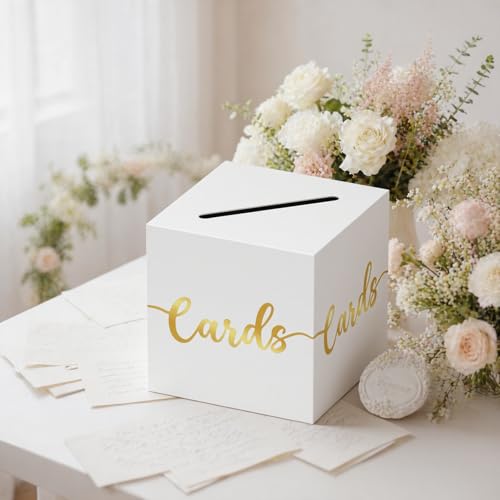 Image of OLANRUN Gift Card Box, 9 inch Graduation Gold Foil Card Box, White and Gold Party Decorations for Wedding, Birthday, Baby & Bridal Shower, Anniversary, Retirement