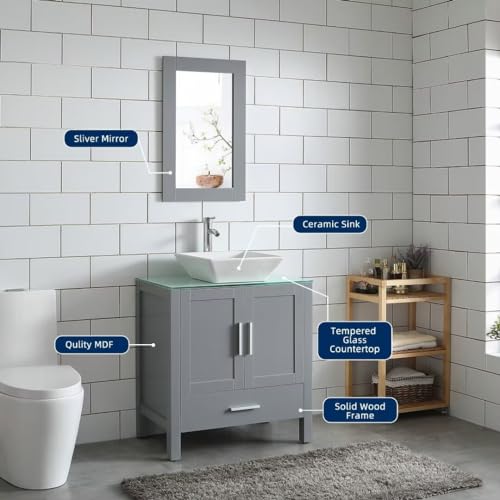 Homecart AV41G Gray 30 Inch Bathroom Vanity Sink Combo Wood Bathroom Cabinet Glass Top W/Mirror Faucet & Drain Set thumb #2