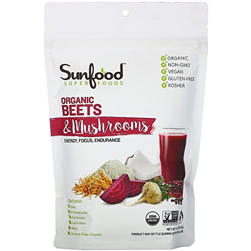 Sunfood Superfoods Organic Beets & Mushrooms - Beet Root Powder, Mushroom Powder Supplement, Beetroot Juice Powder with Lions Mane, Cordyceps, USDA Organic, Gluten Free - 5.31 Oz Bag