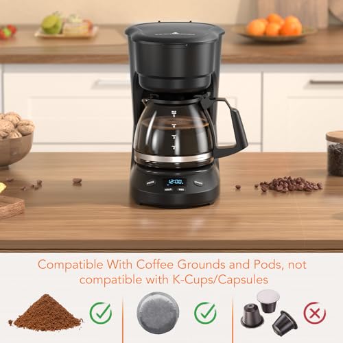 Image of Electactic Compact 5-Cup Programmable Drip Coffee Maker - the essential coffee machine with Digital Clock, 24-hour Timer, Auto Shut-Off, and a Removable Filter Basket for Home & Office.