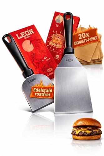 LEÓN Goods® : Grillspachtel Set [Edelstahl] Grill Spachtel/Plancha Spachtel (+20x Burger Papier) Teppanyaki Grillspachtel Edelstahl für Smash Burger, Fisch, Steaks UVM - rostfrei. (2-TLG.)