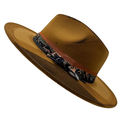 Image of Classic Wide Brim Fedora Hat for Women Man Floppy Panama Hat Western Felt Outdoor Hat with Band Sun Protection
