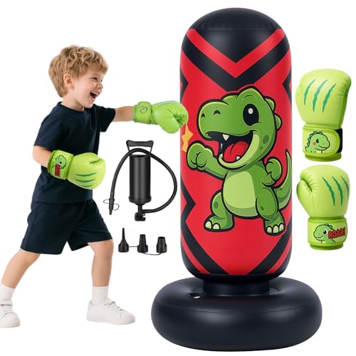 Boxsack Stehender Aufblasbarer, 130cm Boxsack für Kinder mit Boxhandschuhe und Pumpe, Standboxsack für Karate Taekwondo MMA, Punchingball ab 3-8 Jahre, Geschenk für Jungen & Mädchen