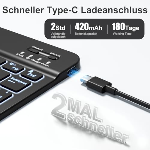 Vobafe Bluetooth Tastatur mit Telefonhalter für iPad Air/Pro/Mini/A16/11/10.9/10.2/iPhone, Kabellose Tablet Keyboard für iOS/Android/Windows, Deutsche QWERTZ, 7 Farben Beleuchtete, Schwarz 3