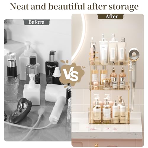 Bathroom Counter Organizer with Hair Dryer Holder, Hair Tool Countertop Storage, Cosmetics Skincare Shelf Organizer, Makeup Organizer Perfume for Dresser Vanity Tray(3 Tier-Gold) - Image 6