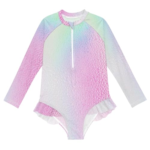 Holographic Gradient Rainbow Rashguard Girls Swimsuit One Piece Long Sleeve Ruffles Swimwear 3T