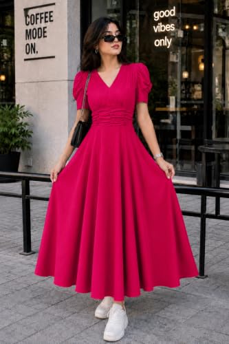 Image of Preneum Girl's & Women's Solid Color V-Neck A-Line Maxi Dress for Women | New Year Party Outfit | Waist Cinched Puff Sleeve Western | Elegant Casual Wear (Availble in Plus Size)