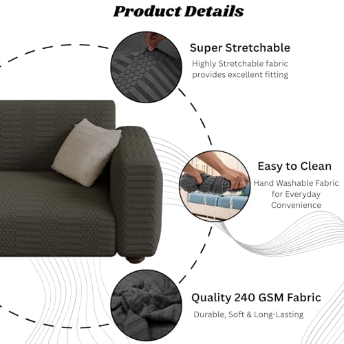 Image of Lukzer 1 Seater Pastel Dark Grey Dotted Stripe Pattern Sofa Cover | 240 GSM Universal Stretch Fit Jacquard Fabric Couch Protector | Fully Covered Anti Slip & Washable Sofa Cover (90-140cm /SC-133-01)