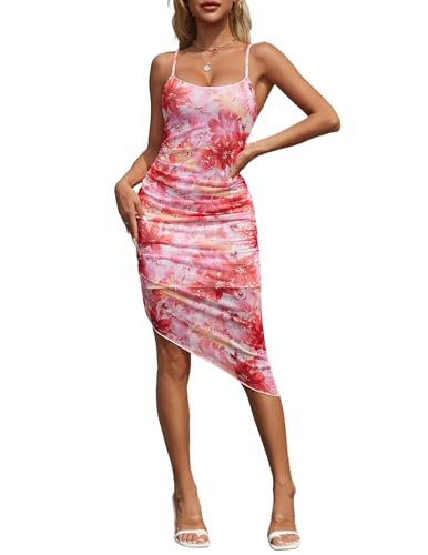 Avidlove Sexy Floral Mesh Asymmetrical Summer Bodycon Backless Club Beach Midi Dress for Vacation Dating Night(Flowers,S)