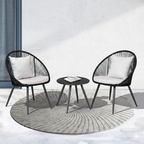 Image of LOCCUS 3-Piece Outdoor Patio Bistro Set - All-Weather Wicker Rattan Chairs with Cushions & Glass Side Table for Backyard, Balcony & Deck (Black & White)