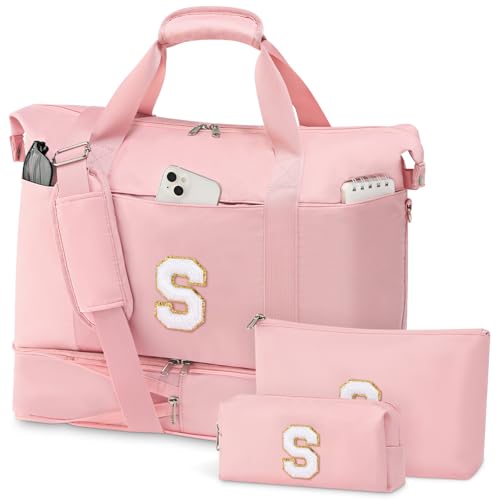 Gifts for Granddaughter, Initial Personalized Travel Duffle with Shoe Compartment, Monogram Travel Duffel with Makeup Pouches, Girls Dance Bag, Kids Weekender Overnight Bag, Pink, Letter S