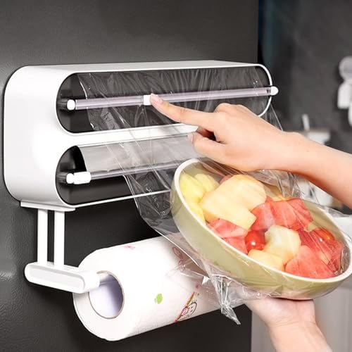 Distributeur de film alimentaire 3 en 1, magnétique, avec cutter, dérouleur et distributeur, porte-rouleau mural, coupe-film, porte-rouleau d'essuie-tout...