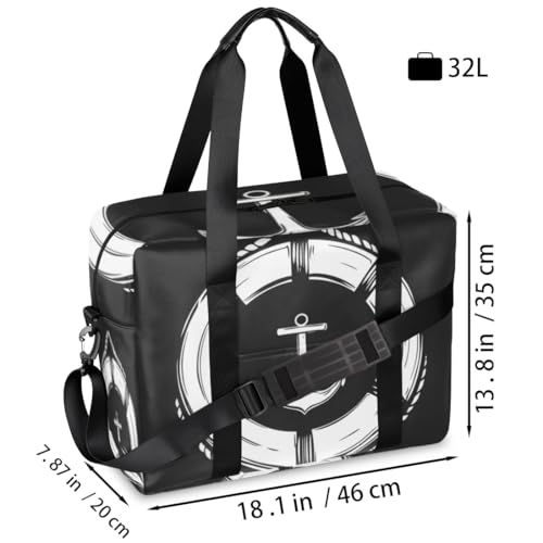 White Lifebuoy Travel Duffel Bag for Men Women Anchor Black Sports Gym Bag Waterproof Weekender Overnight Bags Foldable Carry on Backpack for Swim Yoga Fitness Workout2