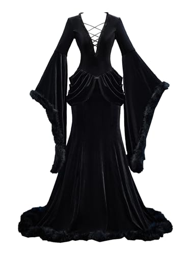 MEOWCOS Women's Gothic Gown Dress Velvet Halloween Costume Gothic Black Winter Vampire Style Fishtail Dress